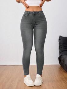 SHEIN ICON 大码女式高腰纯色修身牛仔裤，带口袋 - 淺灰色 - 查看 1
