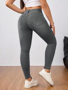 SHEIN ICON 大码女式高腰纯色修身牛仔裤，带口袋 - 淺灰色 - 查看 2