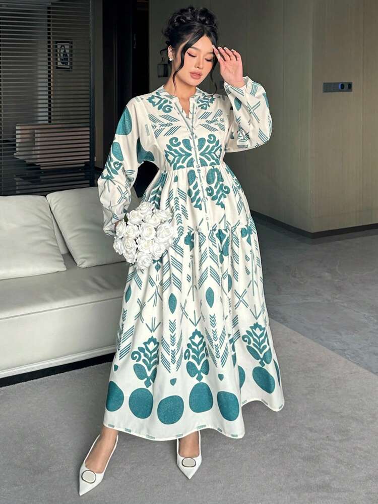 Dazy Plus Floral Print Lantern Sleeve Waist Cinched Long Elegant Plus Size Women Dress, Spring/Autumn Maxi Dress Sundress Boho