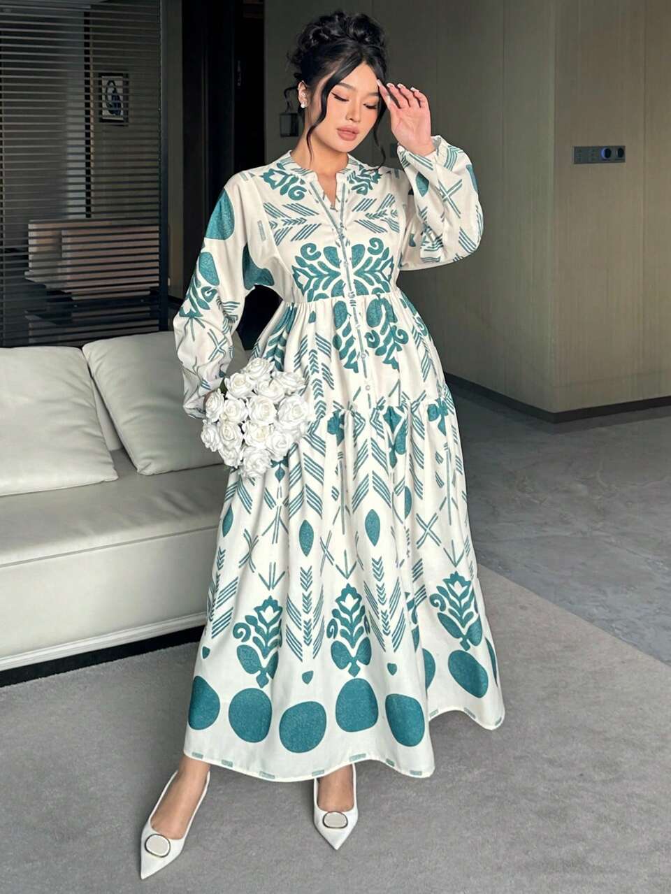 Dazy Plus Floral Print Lantern Sleeve Waist Cinched Long Elegant Plus Size Women Dress, Spring/Autumn Maxi Dress Sundress Boho Vacation Outfits Women