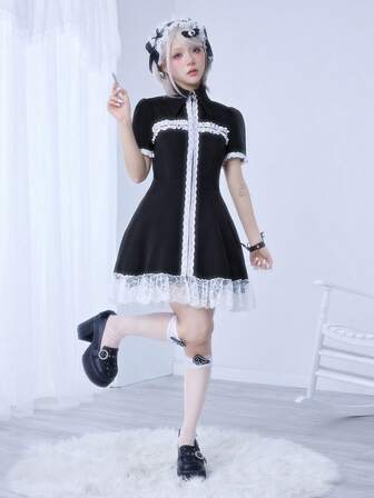 Lolita Cute Cross Dark Qute Punk Kawaii Lace Patchwork Mini Dress For Women