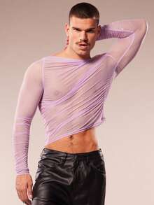 FeverCity Men's Sexy Sheer Mesh V-Neck Slim Fit Cropped Top, Spring/Summer - Mauve Purple - View 5