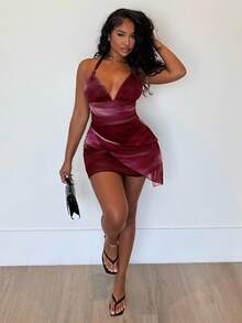 Alexandranx Vintage Gradient Halter V-Neck Tie-Up Mesh Ruffle Asymmetric Hem Romantic Vacation Sexy Mini Dress For Women,Bohemian Clothes,Bodycon Dress - Multicolor - View 4