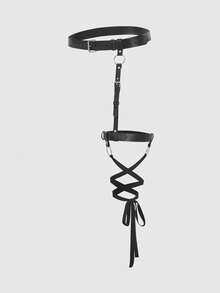 ROMWE Goth 1件黑色Y2K朋克风金属铆钉装饰性感系带蝴蝶结腿部吊袜带套装，适合街头、约会、音乐节、夜总会等场合。 - 黑色 - 查看 3