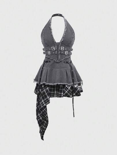 Grunge Punk Asymmetrical Hem Frayed Denim Patchwork Plaid Halter Neck Denim Dress