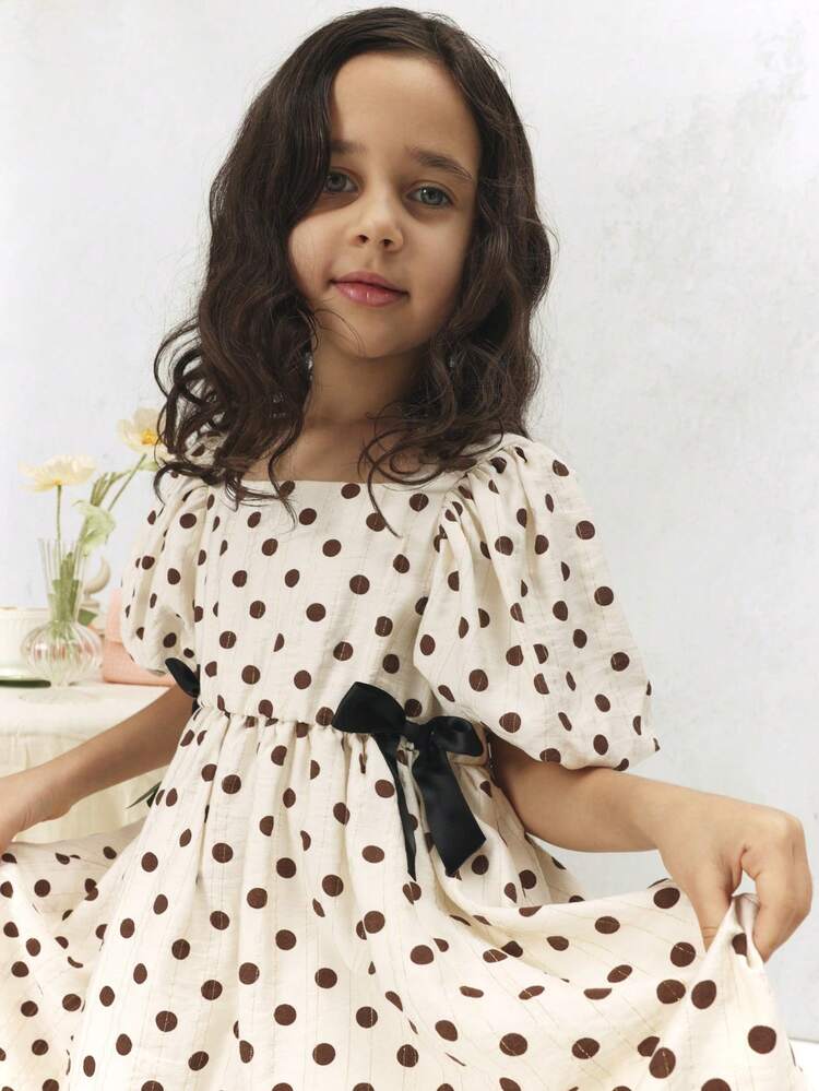Polka Dot Puff Sleeve Midi Dress With Bow Belt