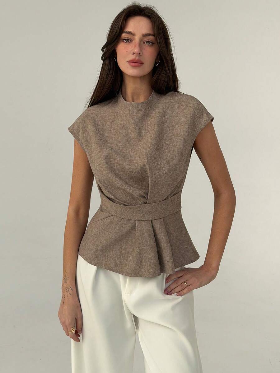 Aloruh Goddess Waist Pleated Flare Khaki Commuter Shirt - Khaki - View 1