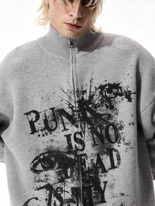 ROMWE MEN Street Life Men's Eye & Letter Print Stand Collar Zip-Up Long Sleeve Knit Cardigan Sweater