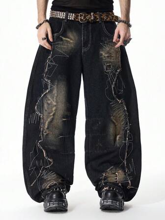 Street Life Jeans de mezclilla oscura con parches desgastados y dobladillo curvo para hombre