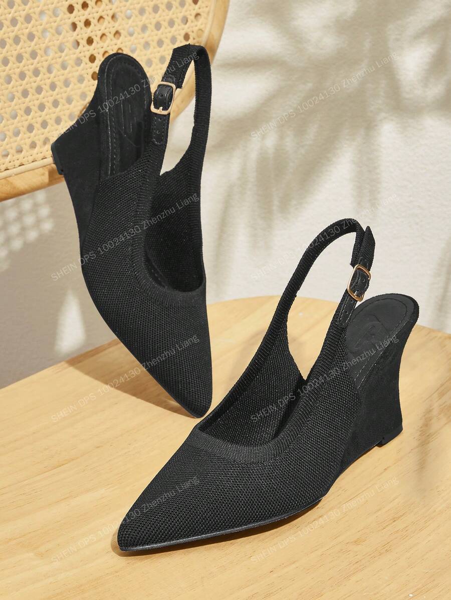 CUCCOO BASICS Sepatu Wanita Modis Warna Hitam, Nyaman, Terbuat dari Kain, Model Slingback dengan Hak Wedges dan Ujung Lancip, Cocok untuk Bepergian, Kencan, Pesta, Liburan, dan Acara Lainnya, Termasuk Hari Valentine. - Hitam - View 1