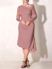 Modelyn Gaun Elegan Wanita Warna Polos Lengan Transparan dengan Ikat Pinggang, Musim Gugur/Dingin - Berwarna merah muda - View 6