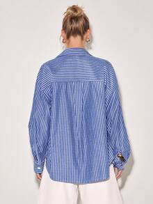 COSMINA Women's Elegant 2-Piece Set, Blue & White Striped Outfit, Long Sleeve Shirt And Camisole Top, 2026 New Arrival, Latest Fashion Combination, Versatile, Casual Wear, Spring Women's 2-Piece Set, Spring/Summer Outfit, All Season Set, Casual Matching, Loose Fit Shirt, Graceful Ladies 2-Piece Set - Blue and White - View 4