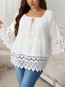 SHEIN LUNE Blouse élégante à bordure en dentelle de couleur unie, respirante et confortable. Élégante pour la Saint-Valentin - Blanc - Voir 2