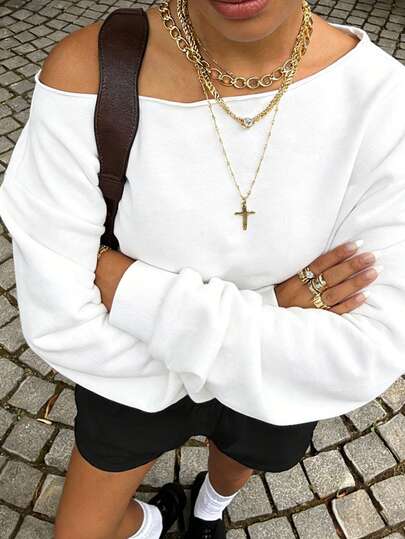 Almamuse Plus Size Women's White Off-Shoulder Exposed Shoulder Long Sleeve Cropped Casual Sweatshirt, Spring