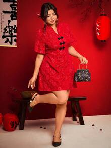 Elenzga Plus Size Women's Black Button V-Neck Jacquard Fabric A-Line Chinese New Year Dress - Red - View 6