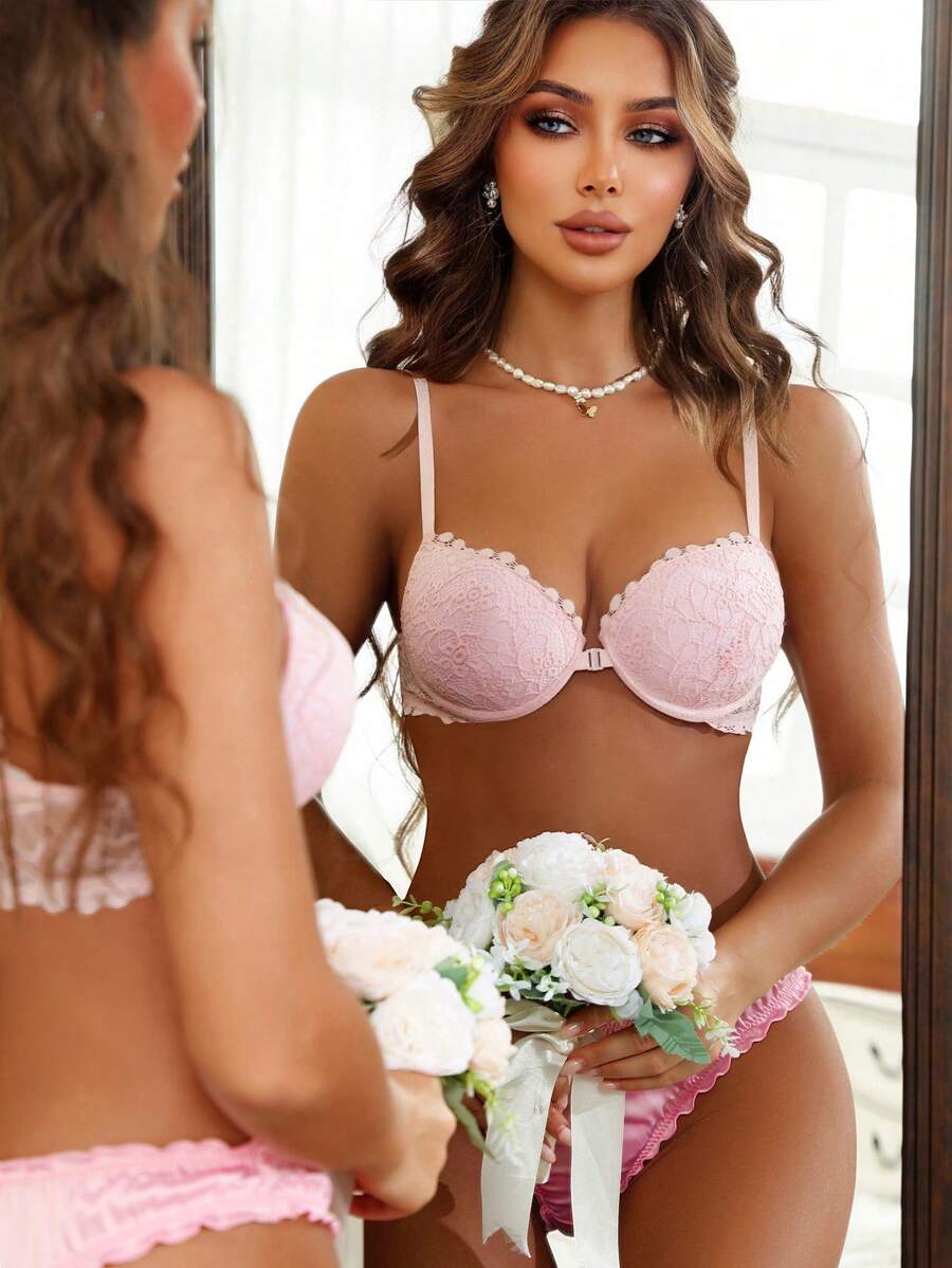Crystal Vow 1pc Women's Simple Front Closure Bra, Sweet Pink Lace Sexy Lingerie Pink Lace Bra Cute Push Up Bra Bras For Women Push Up Bra - Pink - View 1