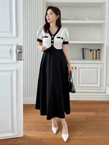 DAZY 女士撞色拼接短袖纽扣前开襟长款休闲连衣裙 - 黑與白 - 查看 8