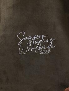 SUMWON Mens Boxy Fit Embroidered Suede Crew Neck Short Sleeve Casual T-Shirt With Text Script Design Plain - Army Green - View 6