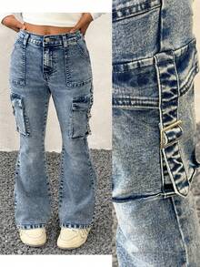 Tween Girls' Summer/Winter/Spring Utility Pocket Casual Flare Leg Blue Jeans,Parent-Child Clothing,Christmas,New Year,Party,Casual - Blue - View 3