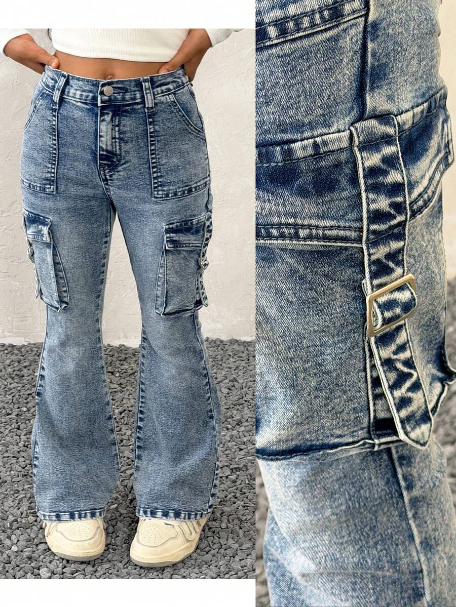 Tween Girls' Summer/Winter/Spring Utility Pocket Casual Flare Leg Blue Jeans,Parent-Child Clothing,Christmas,New Year,Party,Casual - Blue - View 1