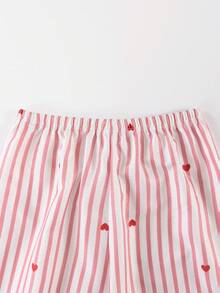 女童时尚可爱条纹爱心印花泡泡绉面料短袖上衣和裤子睡衣套装 - 紅色 - 查看 7