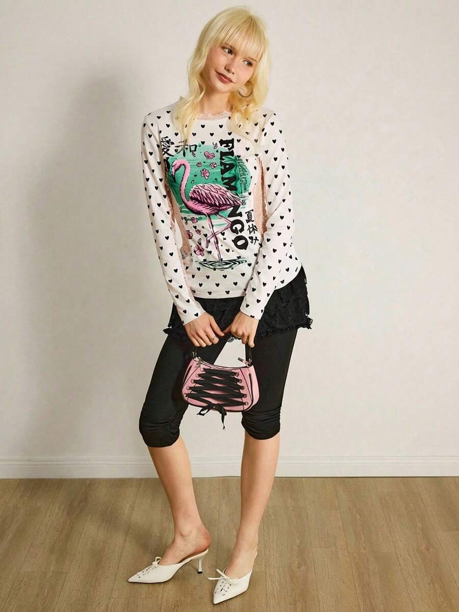 Y2Kool Straight Ahead 女士冬季新年白色圆领新款中国风爱心波点火烈鸟花卉印花蕾丝拼接镂空性感长袖上衣春季女装Y2K嘉年华 - 彩色 - 查看 1