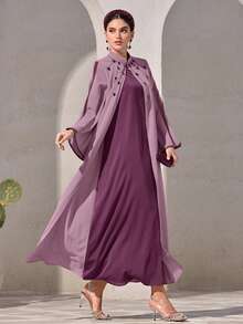 Al Najma Women's Colorblock Minimalist Everyday Arabic Style Dress - Mauve Purple - View 3