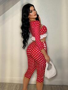 SHEIN SXY Valentine's Day Red Polka Dot Sexy Ruffle Hem 3/4 Pants Set,Spring ,Date ,Going Out ,Sexy ,Club  ,Spring ,Summer