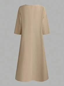 SHEIN Holidaya Summer New V-Neck Linen-Like Casual Loose Dress - Apricot - View 2