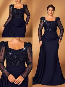 Serin Đầm dạ hội cỡ lớn sang trọng, thanh lịch màu xanh navy, đính sequin, thêu họa tiết, cổ bất đối xứng, tay dài, xếp ly, vạt áo kiểu đuôi cá, thích hợp cho tiệc tối, tiệc độc thân, hẹn hò, dạ hội, kỳ nghỉ, đám cưới, mẹ cô dâu, khách mời, ngày Valentine. - Màu xanh hải quân - Xem 8