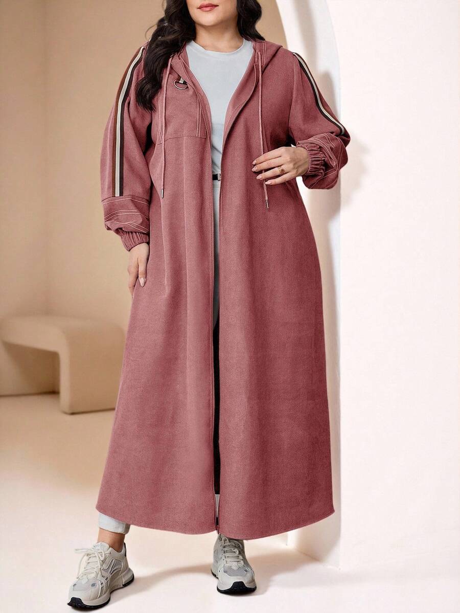 Modelyn Áo khoác thường ngày có mũ trùm đầu, tay dài sọc hai bên, khóa kéo phía trước, cỡ lớn dành cho nữ - Bụi hồng - Xem 1