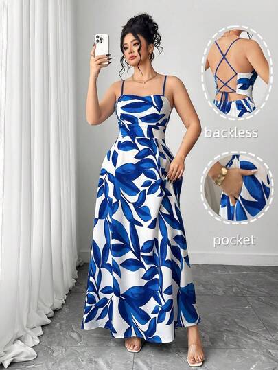 Elenzga Plus Size Elegant Spaghetti Strap Backless Side Pocket Fitted Waist Print Dress