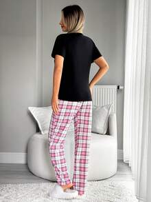 EURMUSE Cotton Heart Printed SHORT Sleeve Shrit& Plaid Pattern Sleep Pants Homewear Lounge Pajama Set For Ladies - Multicolor - View 2