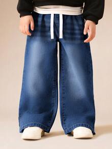 Quần jeans ống rộng SUMWON cho trẻ em, có dây rút và chi tiết xẻ gấu, thích hợp mặc hàng ngày hoặc đi nghỉ mát. - Rửa tối - Xem 4