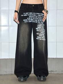 ROMWE Grunge Punk Women's Slogan Print Pocket Wide Leg Loose Casual Jeans - Black - View 2