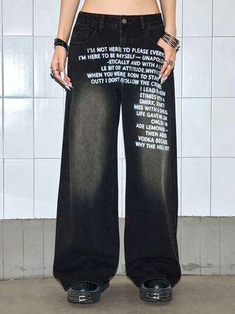 Grunge Punk Women's Slogan Print Pocket Wide Leg Loose Casual Jeans