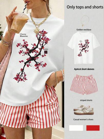 EMERY ROSE Women's Casual Floral Print T-Shirt And Striped Shorts 2-Piece Set, Summer
