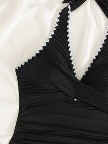 Swim Lushoire Elegant Women's Black Halter Sleeveless Rib Knit Tankini With Knot Detail And Colorblock Shorts - Black - View 7