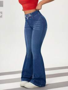 Flexra Women's Casual Washed Floral Embroidered Flare Jeans - Dark Wash - View 4