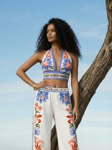 CAJUNI Women's Floral Print Deep V-Neck Crop Top And Wide Leg Pants Sexy Vacation Outfit - Multicolor - View 3