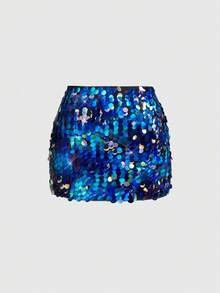 ROMWE Fairycore Summer Outfits Plus Size Fashionable Sequin Mini Skirt, Party Style - Green - View 2