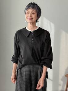 FRIFUL 女士休闲宽松纯色长袖T恤，日常百搭 - 黑色 - 查看 6