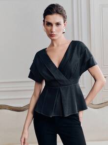 Anewsta Women's Elegant Pleated V-Neck Party/Valentine's Day Blouse With Shoulder Sleeves, Spring/Summer - Navy Blue - View 5