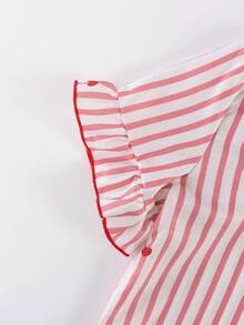 女童时尚可爱条纹爱心印花泡泡绉面料短袖上衣和裤子睡衣套装 - 紅色 - 查看 12