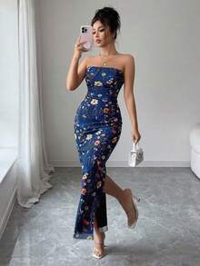 Rafferiza Vestido ajustado con abertura y estampado floral de rama elegante con fruncido para mujer - Azul Marino - Ver 3