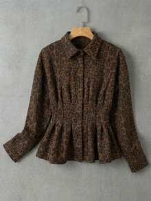 Aveloria Modichic Suede Leopard Print Stylish V-Neck Cinched Waist Shirt - Multicolor - View 3