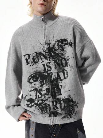 Street Life Cárdigan de punto con cuello alto, cierre de cremallera y estampado de ojos y letras para hombre