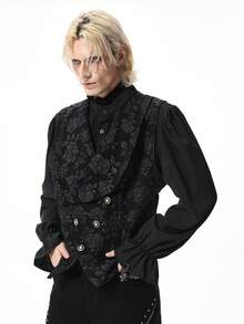 ROMWE MEN Goth 男士哥特玫瑰提花背心 - 黑色 - 查看 5