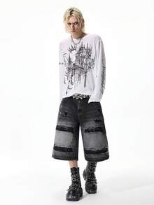 ROMWE MEN Goth Quần short denim ống rộng rách đính đá thời trang nam - màu đen - Xem 7