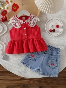 SHEIN Playful Pals 2件套樱桃图案女童荷叶边蕾丝领无袖牛仔短裤套装，甜美活泼，适合春、夏、秋季穿着。 - 彩色 - 查看 8